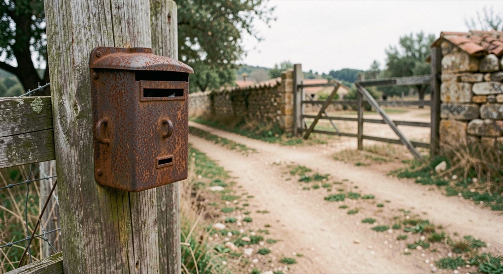 Buzón de hierro forjado oxidado clavado en el poste de madera de la entrada de la masía, con el camino de tierra y la verja entreabierta al fondo