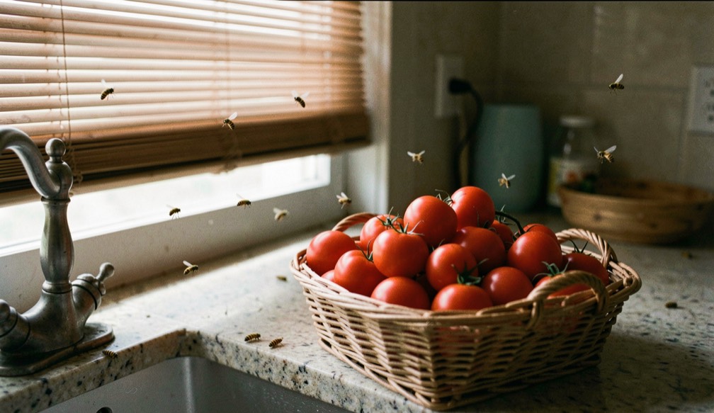 Cesta de tomates rojos y torcidos recién recogidos junto al fregadero de piedra, avispas rondando y la persiana a medio bajar del calor de la tarde