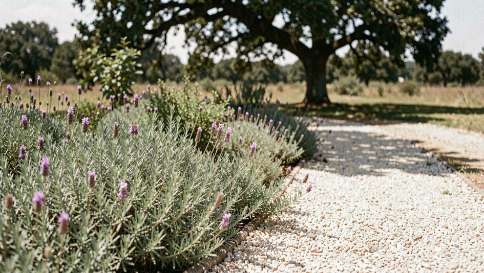 Parterre de santolina y romero florido junto a un sendero de gravilla clara, sombra recortada de una encina al fondo y nada de césped alrededor