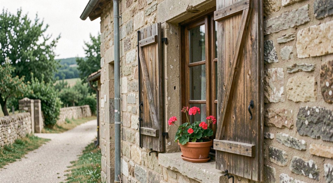 Ventana de la masía con los postigos de madera entreabiertos hacia el camino, maceta de geranios en el alféizar y ninguna persona a la vista