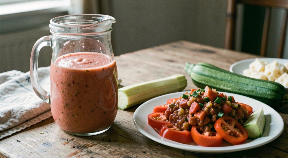 Gazpacho recién batido en una jarra de cristal junto a un plato de pisto humeante, pimientos y calabacines de huerta crudos al lado sobre la mesa de madera