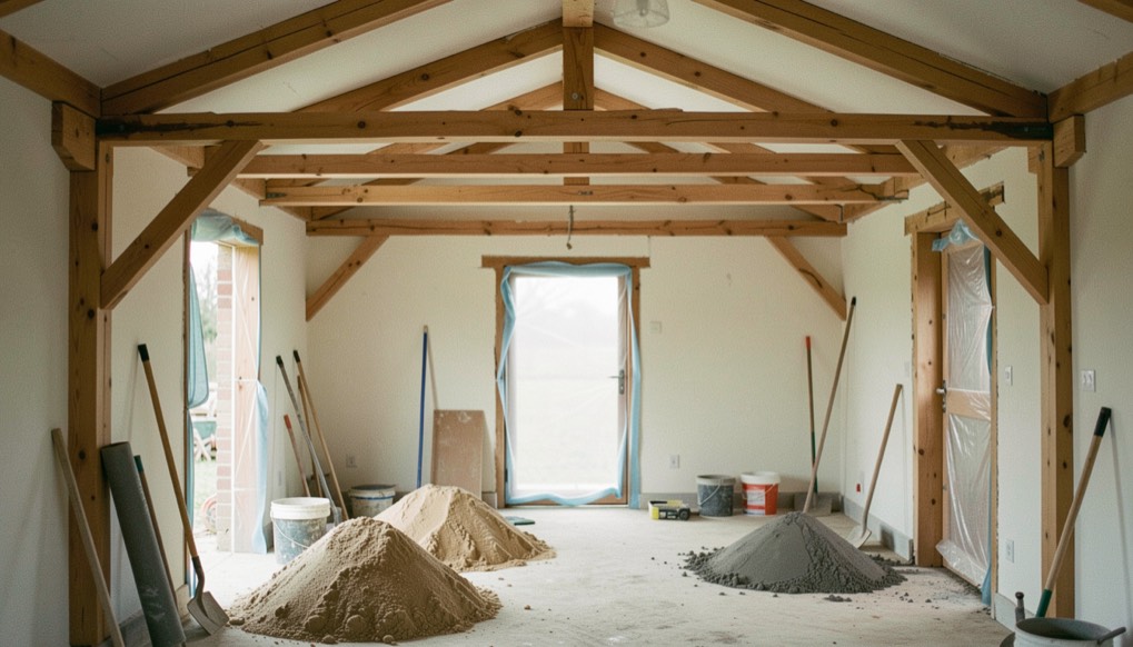 Interior de casa rural en reforma con vigas de madera vistas nuevas, montones de arena y cemento en el suelo y burletes de plástico en las puertas