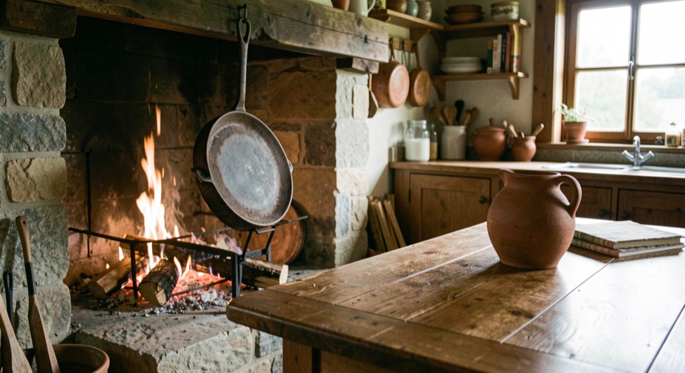 Cocina de una casa de campo con fogón de leña encendido, sartén de hierro colgada sobre el fuego y jarra de barro sobre la mesa de madera encerada