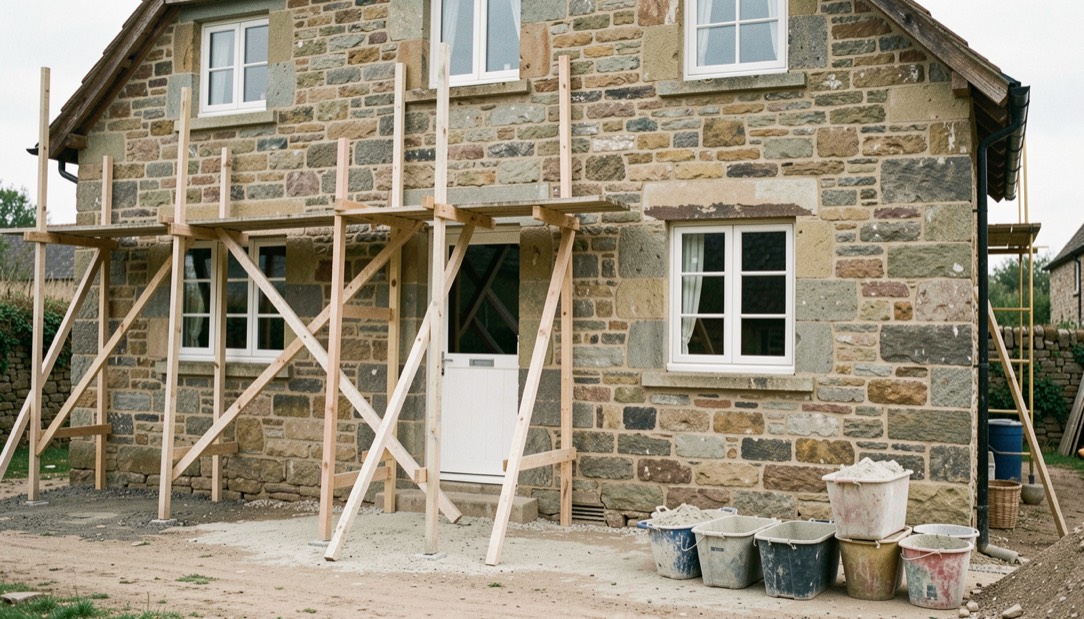 Fachada de piedra de una casa rural en obras con andamio de madera apoyado, cubos de cal mezclada y ventanas nuevas todavía sin pintar